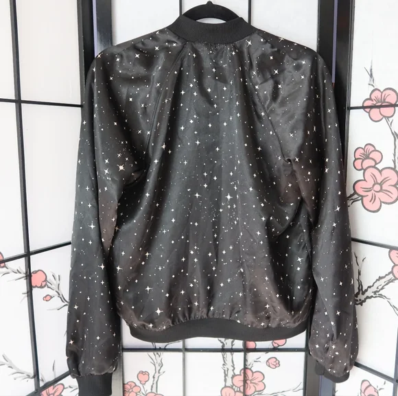 love, Fire Midnight Star Black Bomber Jacket Size Large - Picture 11 of 11